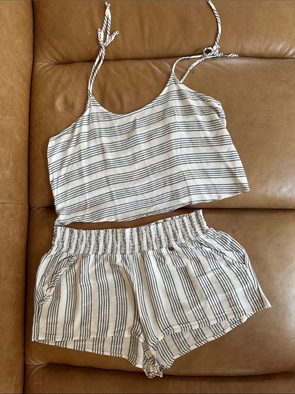 Striped Cream and Black Lounge Cami & Shorts Set - Women's Intimate